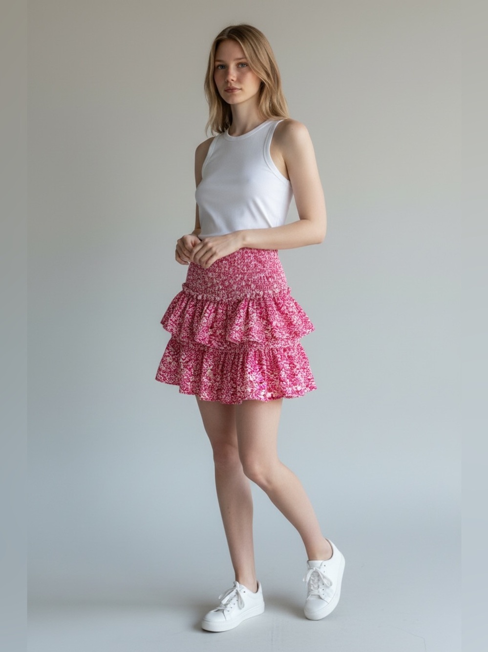 SHEIN Pink floral mini skirt with ruffles